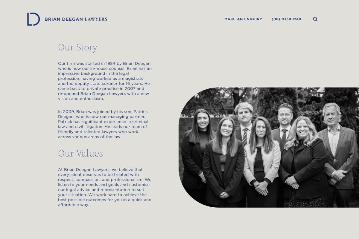 Deegan Lawyers history and vision on website Boylen designed